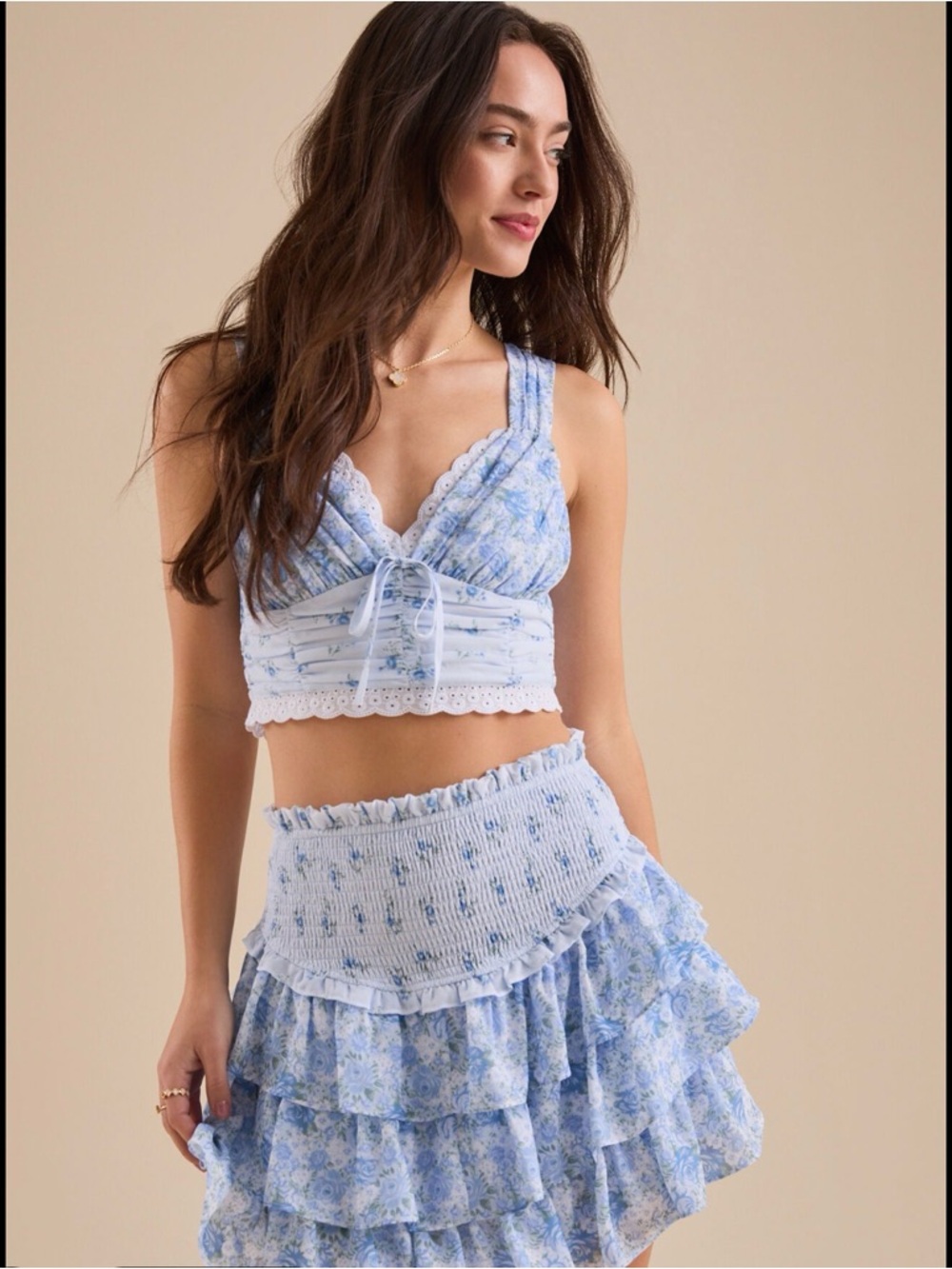 Altar'd State Light Blue Floral Ruffle Mini Skirt and crop top